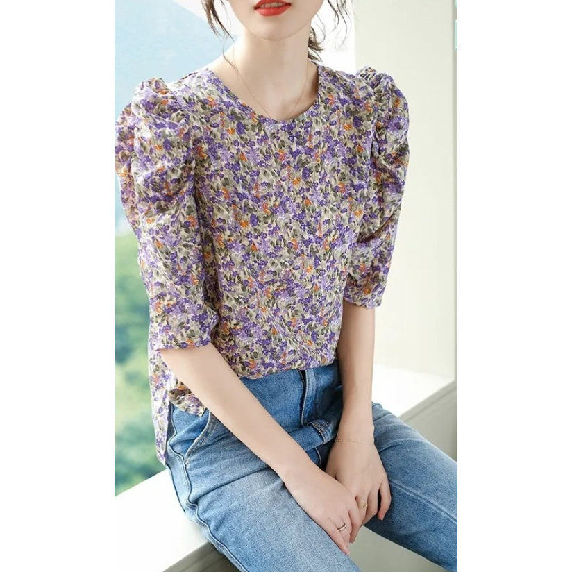 ÁO KIỂU HOA NHÍ LỆCH TÀ CỔ TRÒN TAY NHÚN PHỒNG💕𝑭𝑹𝑬𝑬𝑺𝑯𝑰𝑷💕[Giá gốc tận xưởng]
