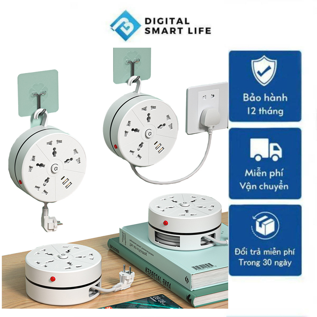 Ổ Cắm Điện Đa Năng 2500W Dài 2m Chống Giật Chịu Nhiệt Cao Ổ Điện Thông Minh Tiết Kiệm Diện Tích Ổ 3 Chấu Cổng USB Type C