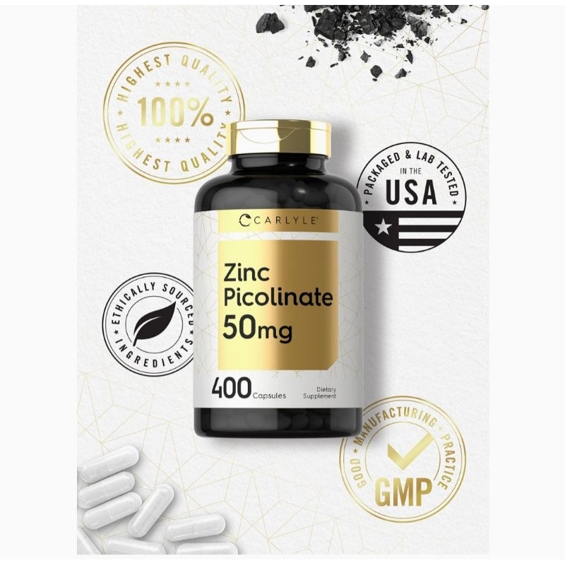 Viên Uống Kẽm Zinc Picolinate 50mg Giảm Mụn, Tăng Cường Sinh Lý, Cân Bằng Nội Tiết Tố, Tăng Cơ Bắp 400v Carlyle
