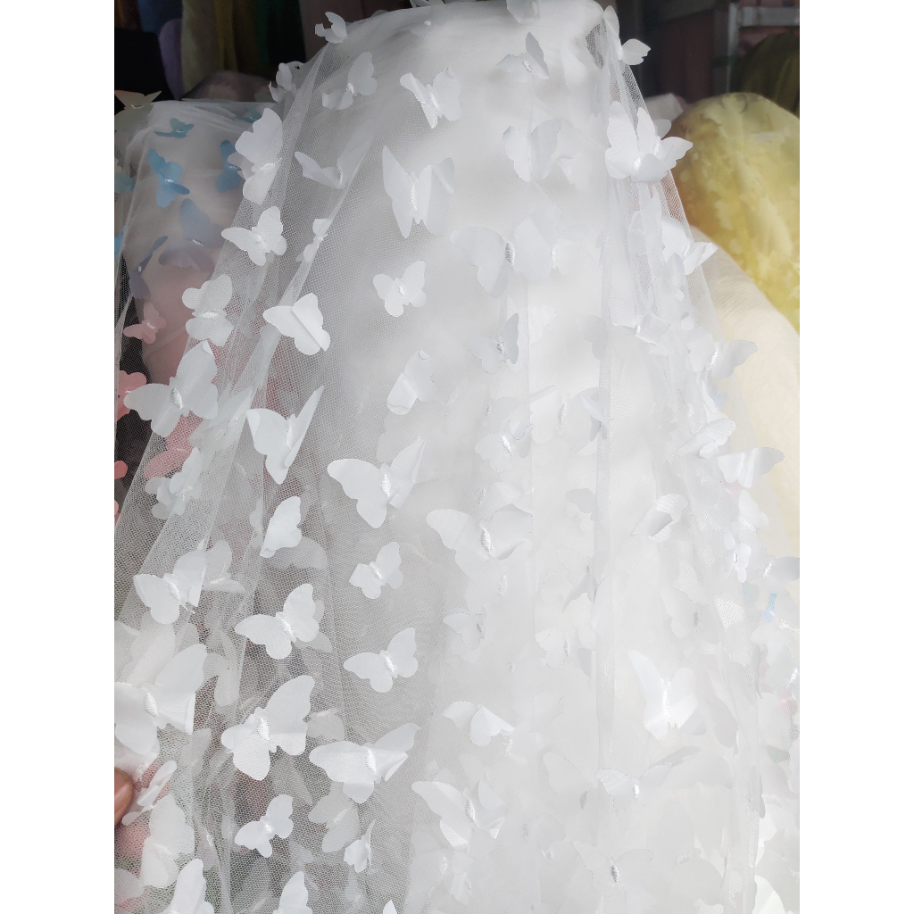 Vải voan lưới đính họa tiết cánh bướm 3D chuyên may váy, đầm xinh xắn