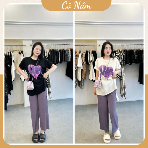 Set Bộ Đồ Nữ Áo Phông Tim Ngắn Tay Cổ Tròn Mix Quần Suông Tăm Gân Phom Rộng Freesize