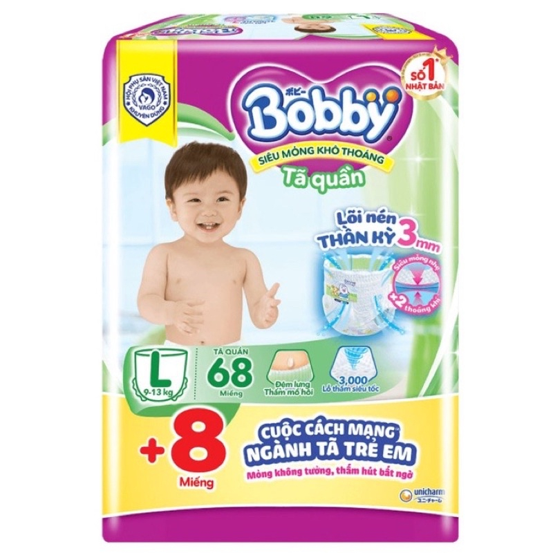 (CỘNG MIẾNG) Bỉm / Tã Quần Bobby M76+4/L68+8/XL62+8/XXL56+8 Chính Hãng