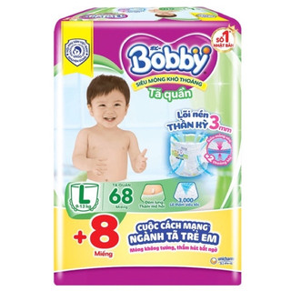 Bỉm / tã quần bobby m76+4/l68+8/xl62+8/xxl56+8 chính hãng