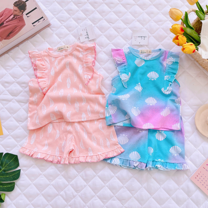 Đồ Bộ Bé Gái Bèo Nhún Cực Xinh Thun Borip Mềm Mịn Co Giãn Tốt Cho Bé [8-20Kg]