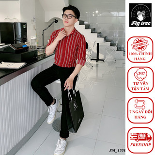 Áo sơ mi nam figtree thời trang thiết kế sọc trắng nền đỏ