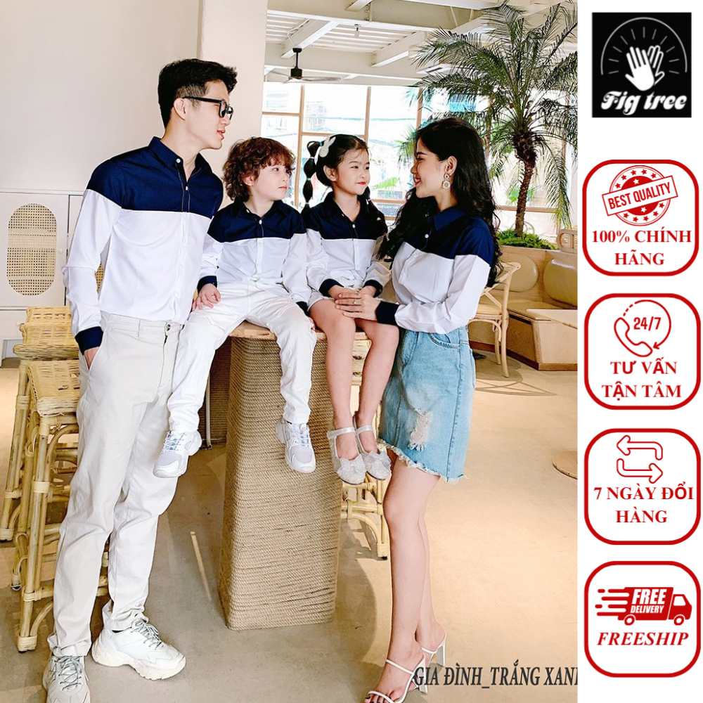 Set Áo Sơ Mi Gia Đình FIGTREE Màu Trắng Phối Xanh Đen Siêu Xinh Cho Gia Đình