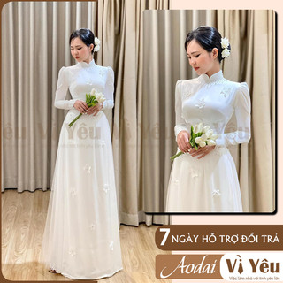 Áo dài cưới cô dâu màu đỏ trắng, Áo dài trắng cô dâu cổ cao đính hoa vai bồng dáng ôm sang trọng - Áo Dài Vì Yêu