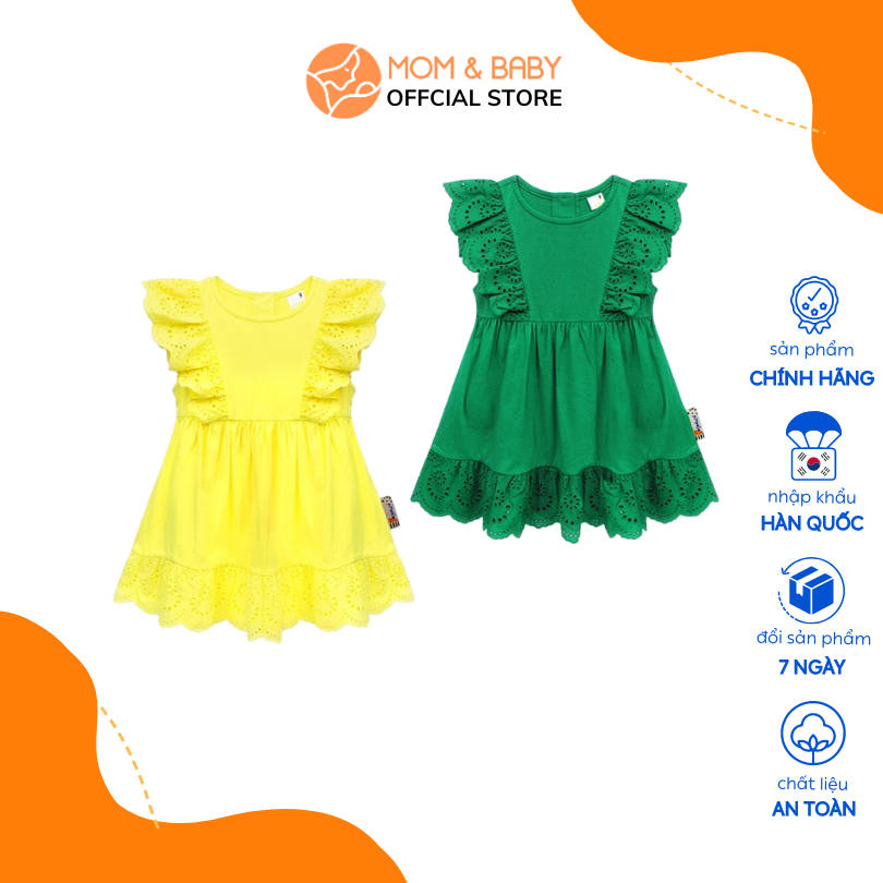 Đầm thun cotton bé gái sát nách Pimpollo thương hiệu Hàn Quốc bèo nhún màu xanh và màu vàng từ MOM & BABY KLEBC04