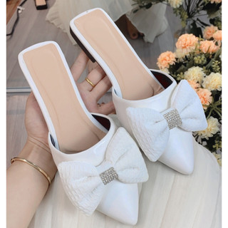 Giày sục nữ mũi nhọn nơ lụa sục nữ bệt đính nơ