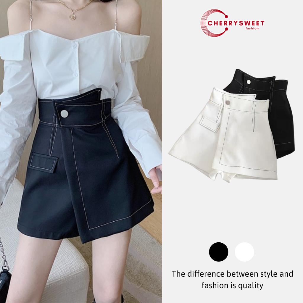 Quần short jean giả váy CHERRYSWEET cạp cao xếp lệch viền chỉ nổi vạt chéo, váy chữ A, chất tuyết mưa dày dặn V053