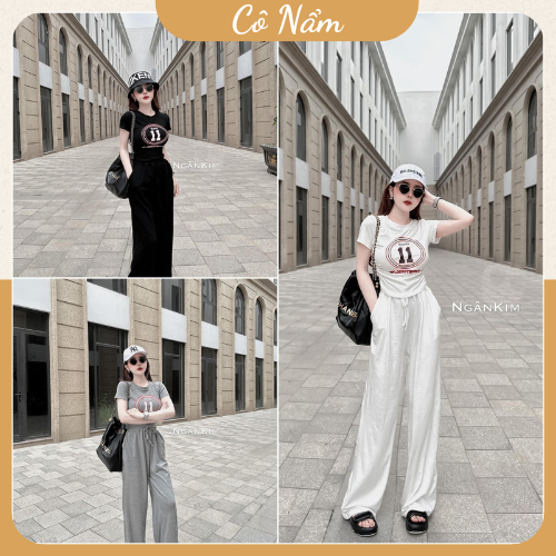 Set Bộ Đồ Nữ Số 11 Áo Croptop Ngắn Tay Quần Suông Ống rộng Freesize