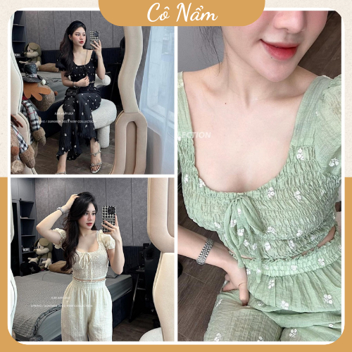 Set Bộ Đồ Nữ Áo Voan Thêu Hoa Croptop Cổ Vuông Bèo Xếp Ly Tay Phồng Mix Quần Suông Ống Rộng Có Quần Lót Trong