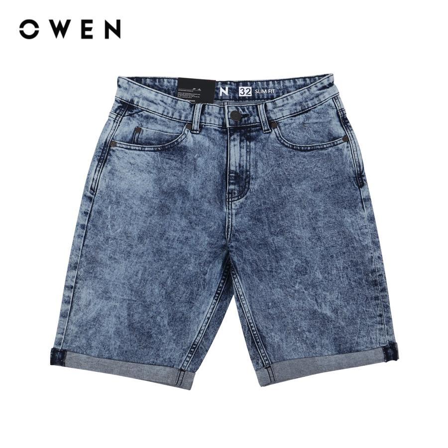 Quần short jean nam Owen Cotton Slim Fit màu xanh - SJ22268