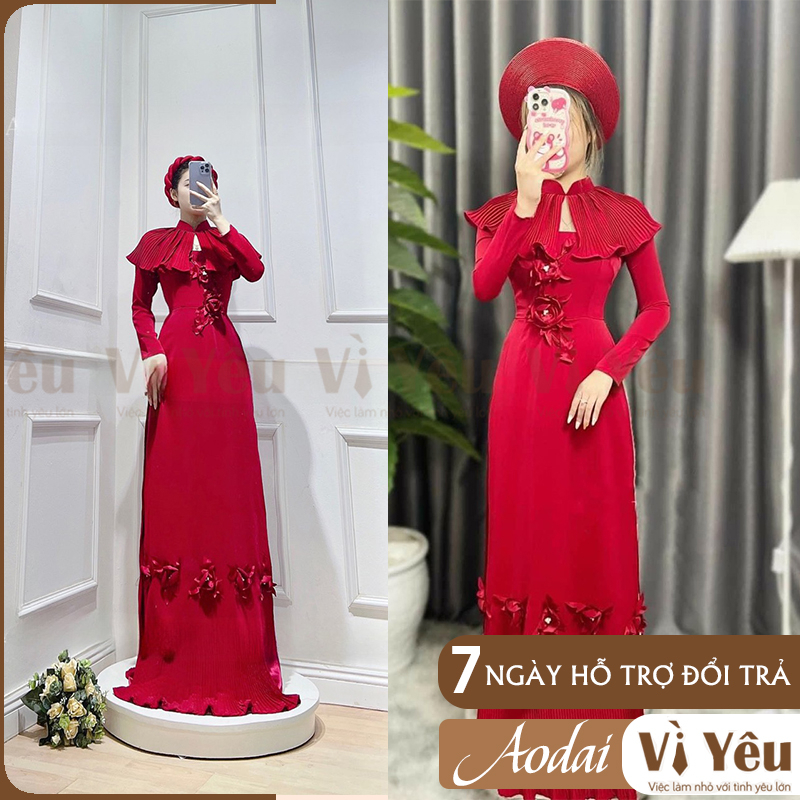 Áo dài cưới cô dâu, Áo dài ăn hỏi cô dâu màu đỏ màu trắng sang trọng chất liệu mát - Áo Dài Vì Yêu