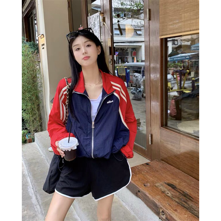 Áo khoác dù gió Nữ 2 lớp Unisex TREND , Phối Màu Đỏ - Áo Kiểu Bomber khóa kéo zip