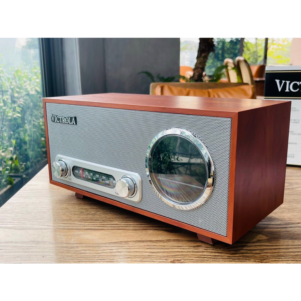Loa bluetooth phong cách cổ điển Victrola Âm thanh nổi có Đài FM đồng hồ kỹ thuật số âm siêu trầm