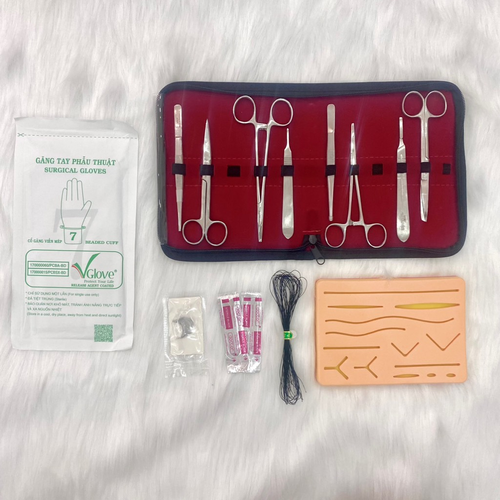 Bộ dụng cụ tiêu phẫu  + da cao cấp tặng kèm găng tay, chỉ, kim