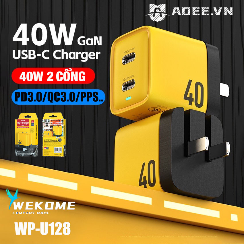 Củ Sạc Nhanh GaN WEKOME WP-U128 2 Cổng 40W (PD 20W+20W) 27W/30W Loptop,Cáp Sạc WDC-187 C to L(1.0m),Bảo Hành 12T 5.0