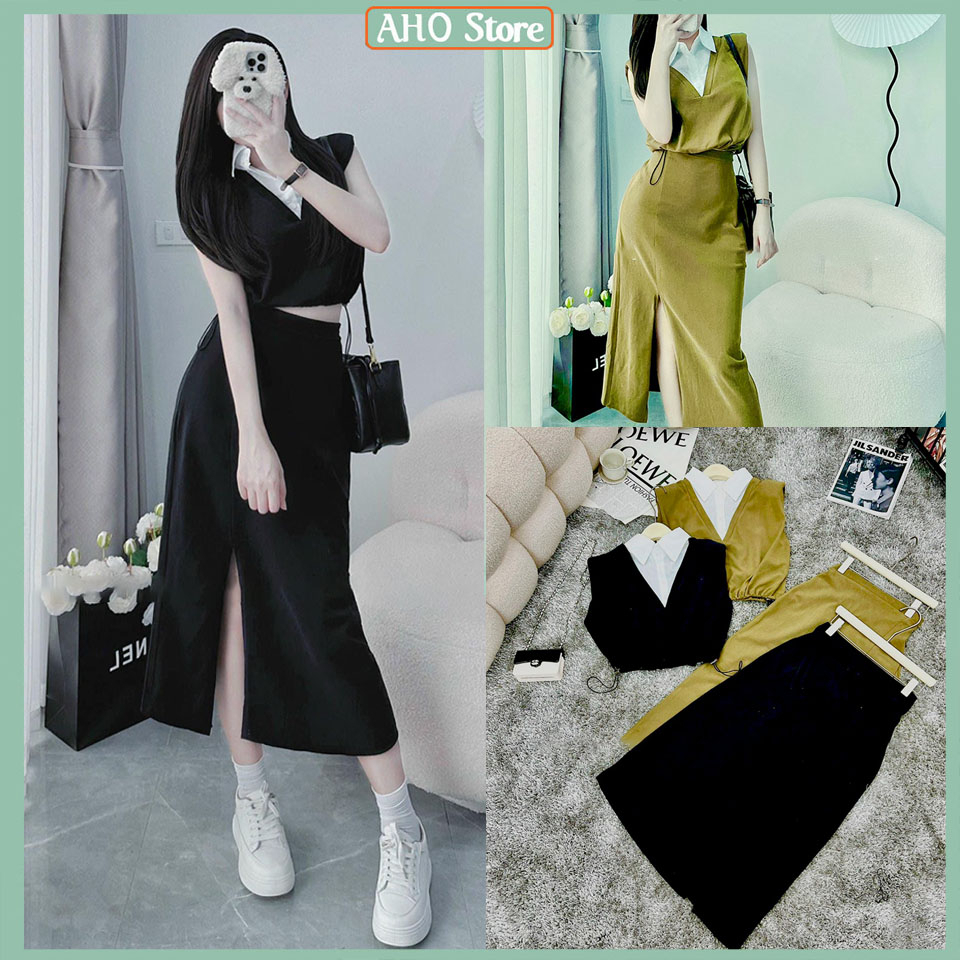 Set Váy Nữ Áo Kiểu Nữ Sát Nách phối Cổ Sơ Mi Mix Chân Váy Dáng Dài Xẻ Tà Trước Freesize