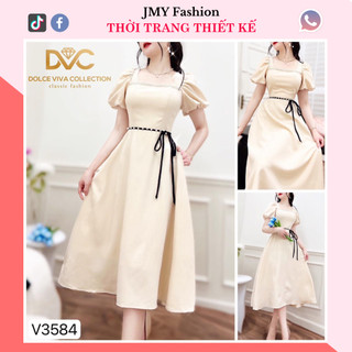 V3584 Váy đầm be xoè dự tiệc cổ vuông [DVC&ACC] váy đầm đai ngọc công sở sang chảnh