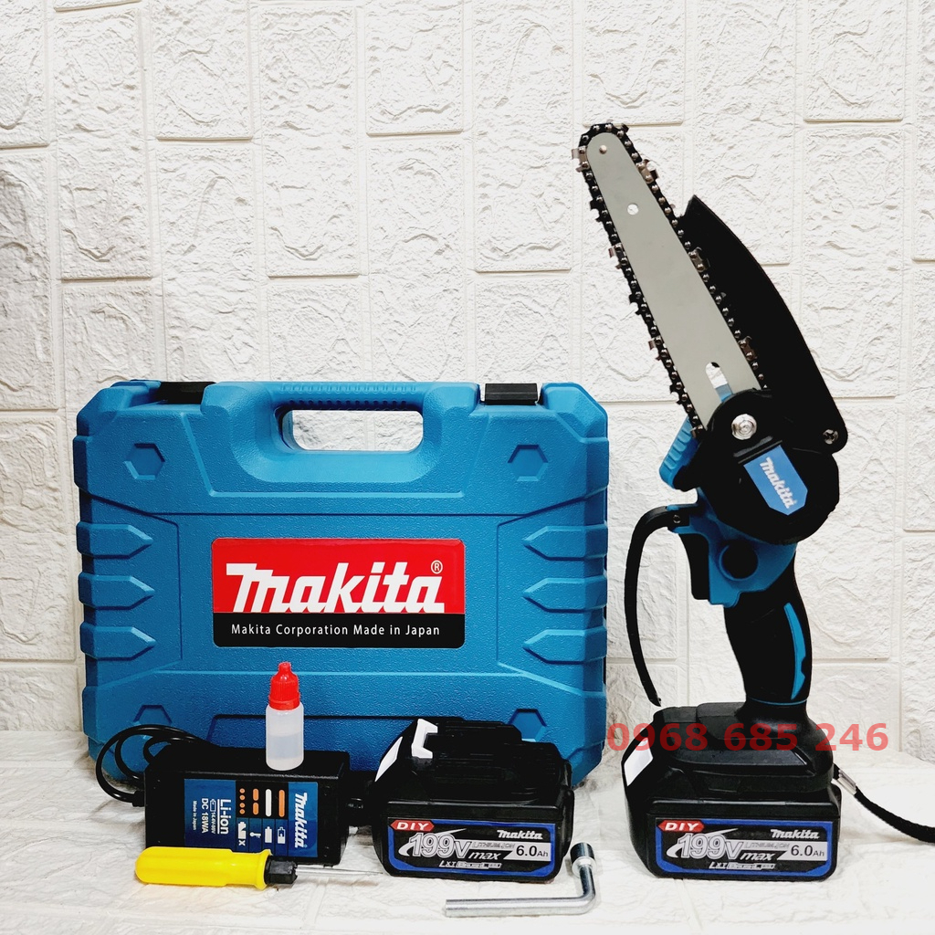 Máy cưa xích pin Makita 199V, máy cưa xích cầm tay mini makita Lam xích dài 18cm , lõi đồng 100%, pin 10 cell