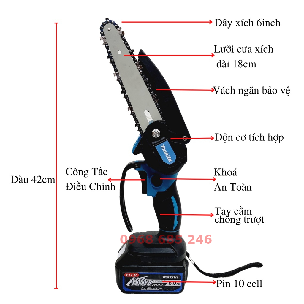 Máy cưa xích pin Makita 199V, máy cưa xích cầm tay mini makita Lam xích dài 18cm , lõi đồng 100%, pin 10 cell