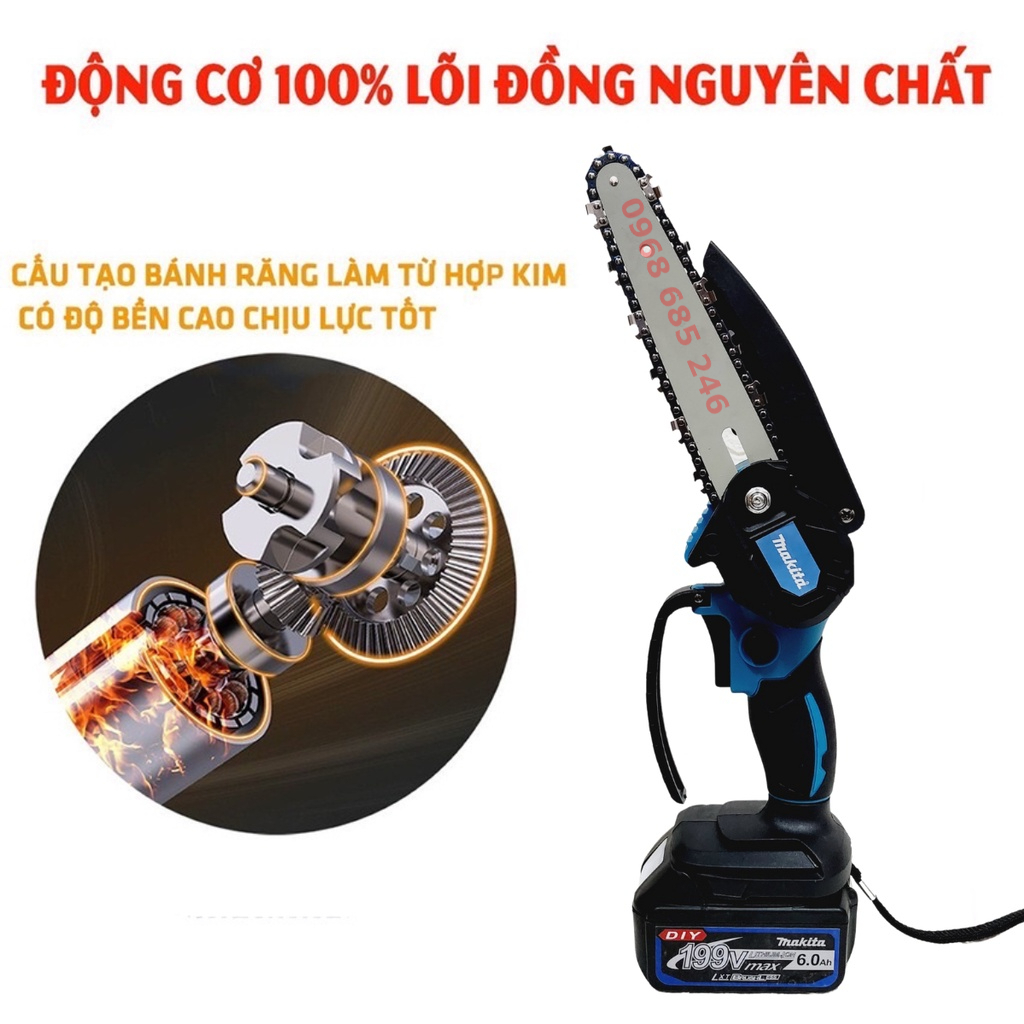 Máy cưa xích pin Makita 199V, máy cưa xích cầm tay mini makita Lam xích dài 18cm , lõi đồng 100%, pin 10 cell