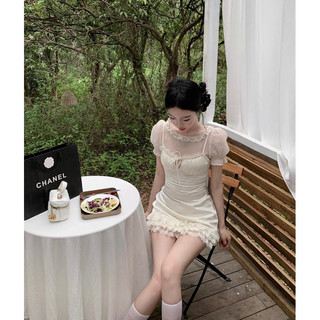 DORÉE - (SẴN) Set đầm ngắn hai dây xếp ly phối ren + áo voan ngắn