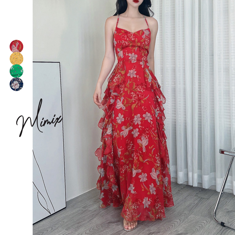 Đầm maxi nữ 2 dây đan lưng họa tiết in hoa bèo đôi MIMIX CZ2250