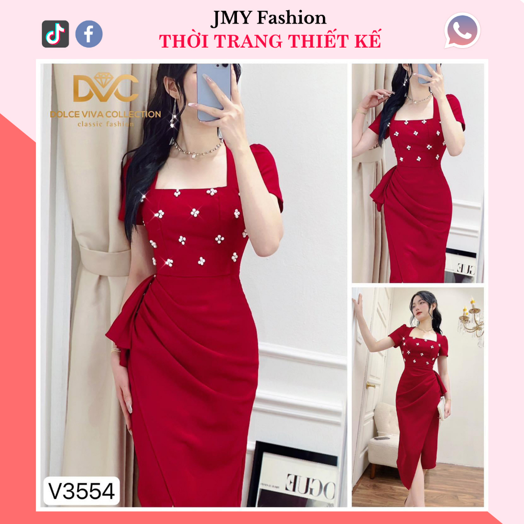váy đầm cổ vuông body đính ngọc nữ tính