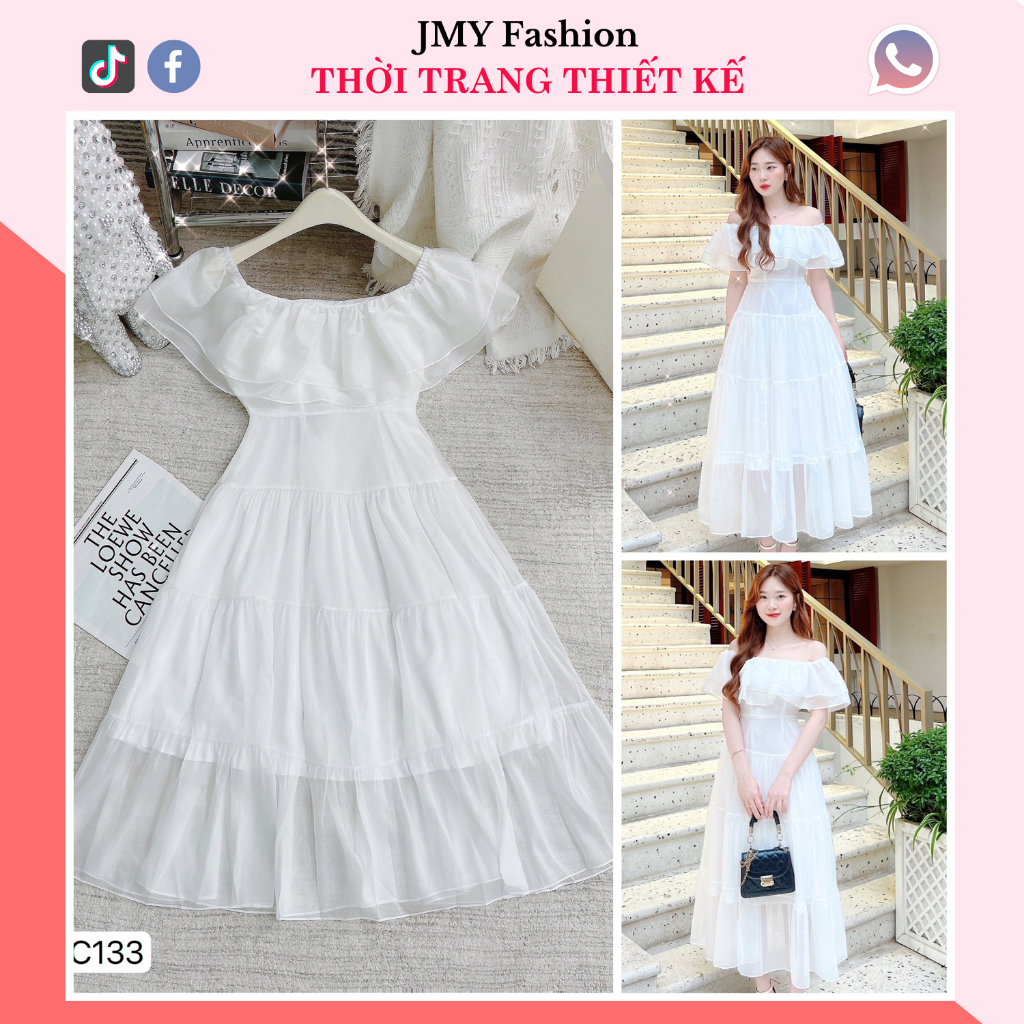 váy đầm trắng maxi bẹt vai