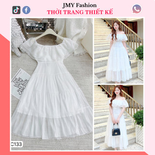V133 Váy trắng maxi trễ vai đi biển nữ tính váy đầm trắng maxi bẹt vai