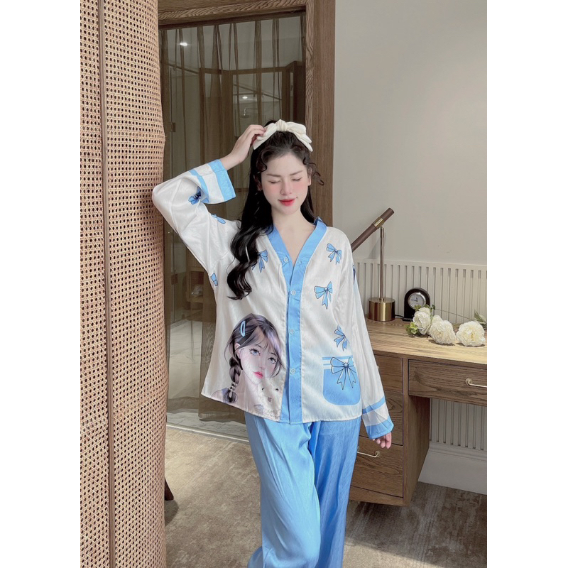 Bộ Ngủ Pijama mặc nhà xước dài tay CỔ V NƠ XANH