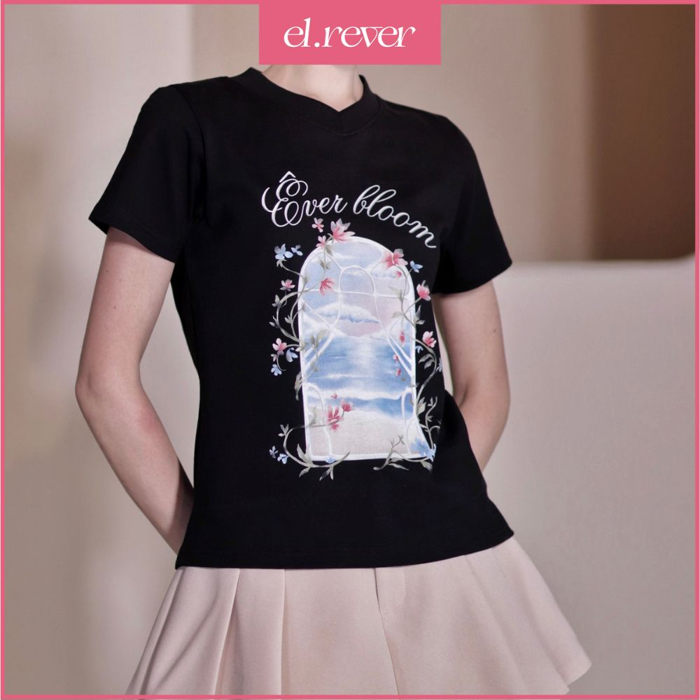 ELRÊVER - Áo thun baby tee nữ 100% cotton họa tiết chữ ÊVER BLOOM - Màu đen - 0323T01