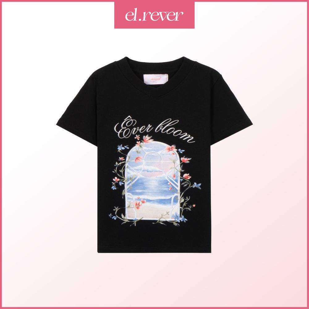 ELRÊVER - Áo thun baby tee nữ 100% cotton họa tiết chữ ÊVER BLOOM - Màu đen - 0323T01
