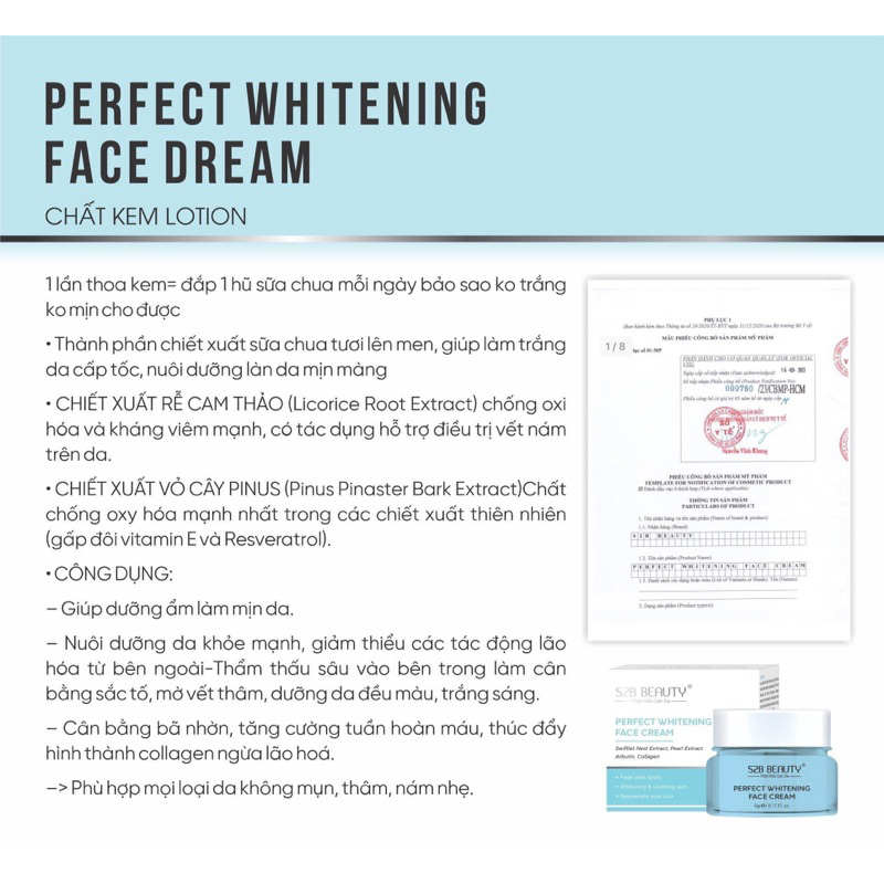Kem dưỡng trắng Perfect Whitening Face Cream S2B Beauty