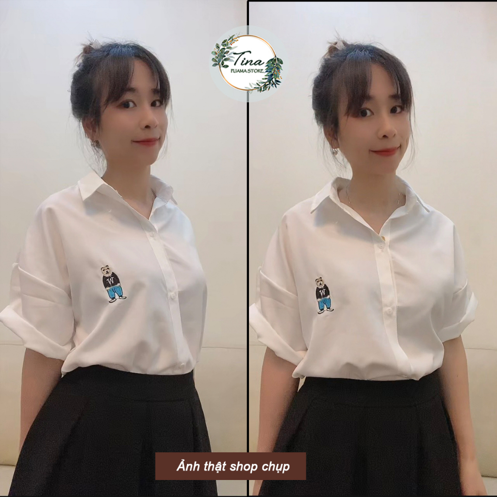 Áo sơ mi nữ trắng tay ngắn Tina form rộng bigsize thêu hình gấu