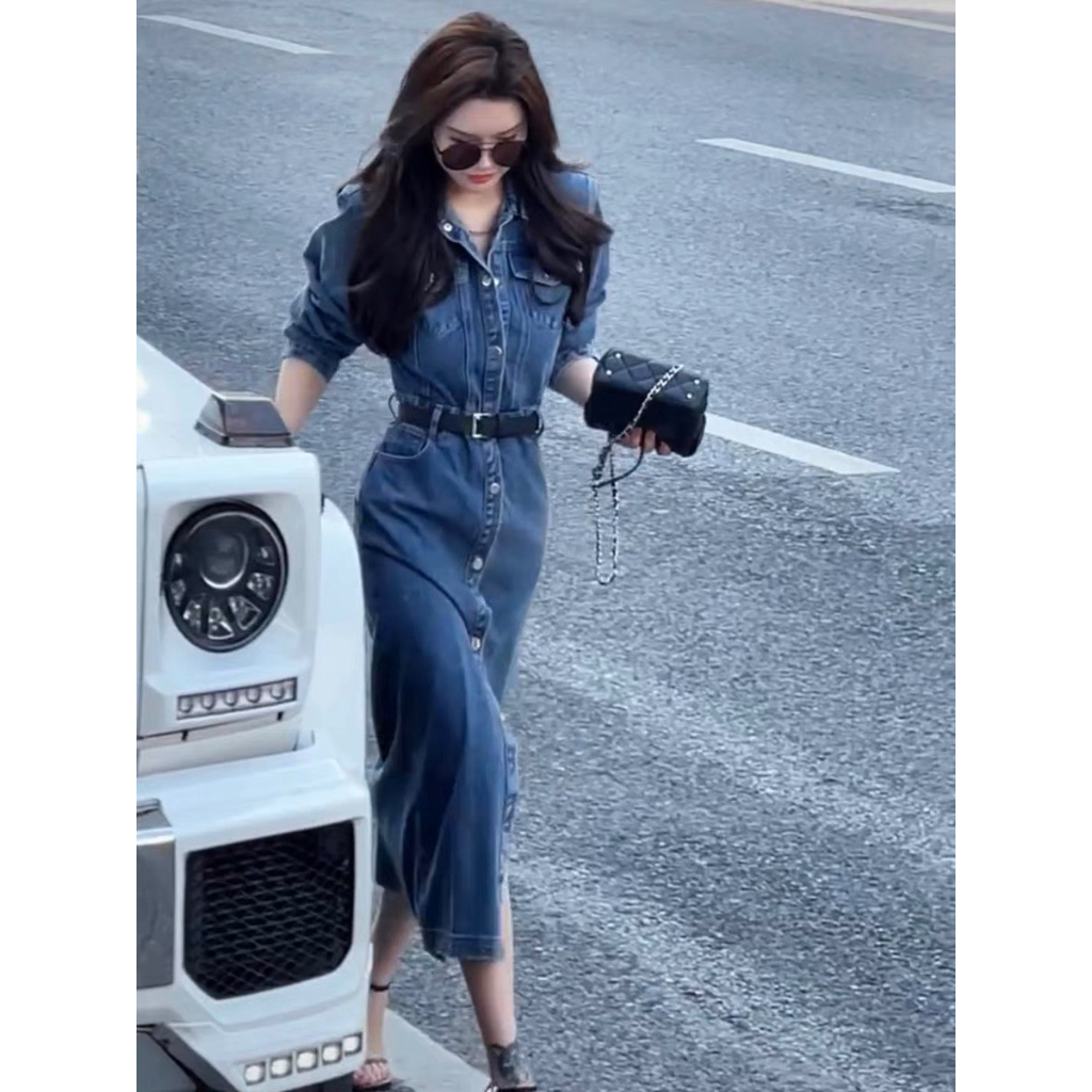 Váy jean body ALY dáng dài cúc bấm cá tính chất liệu bò co dãn