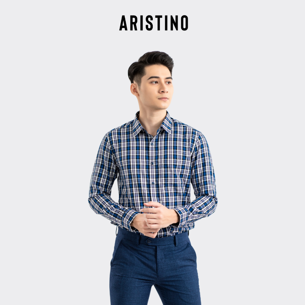 Áo sơ mi nam dài tay ARISTINO Regular fit suông vừa tà lượn có túi, họa tiết xanh kẻ trắng nổi bật - ALS26101