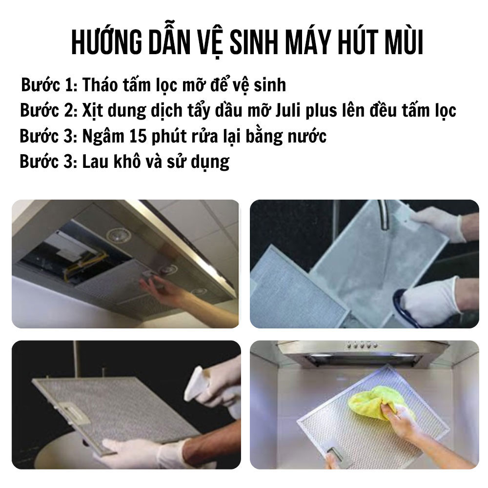 Tẩy dầu mỡ nhà bếp Juliplus, dung dịch tẩy rửa đa năng làm sạch lưới lọc máy hút mùi, bếp ga, tường gạch ốp. Chai 500ml