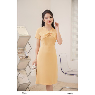 Đầm nữ công sở vàng thiết kế phối cổ nơ chiết eo Orchid - AH10A024