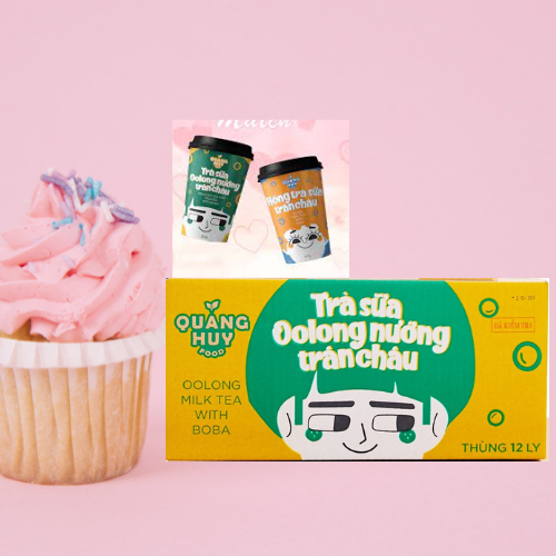 Thùng 12 ly Trà sữa Trân Châu tự pha hiệu Quang Huy 2 vị thơm ngon bổ dưỡng(Oolong nướng + Hồng trà) 107gr