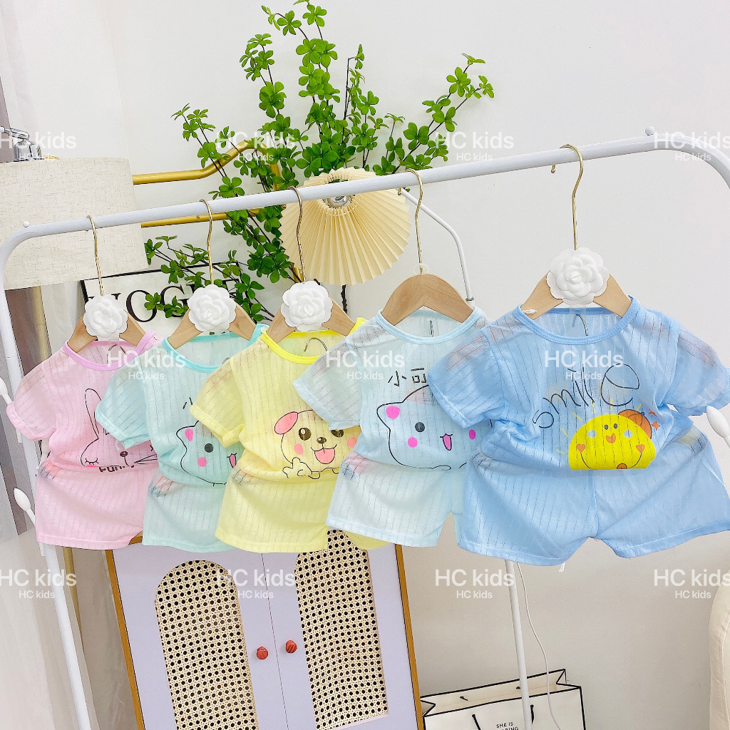 Bộ cộc tay tăm giấy Quảng Châu cúc vai cho bé trai bé gái cực xinh từ 4 đến 14kg, mặc ở nhà mùa hè mát mẻ, giá rẻ
