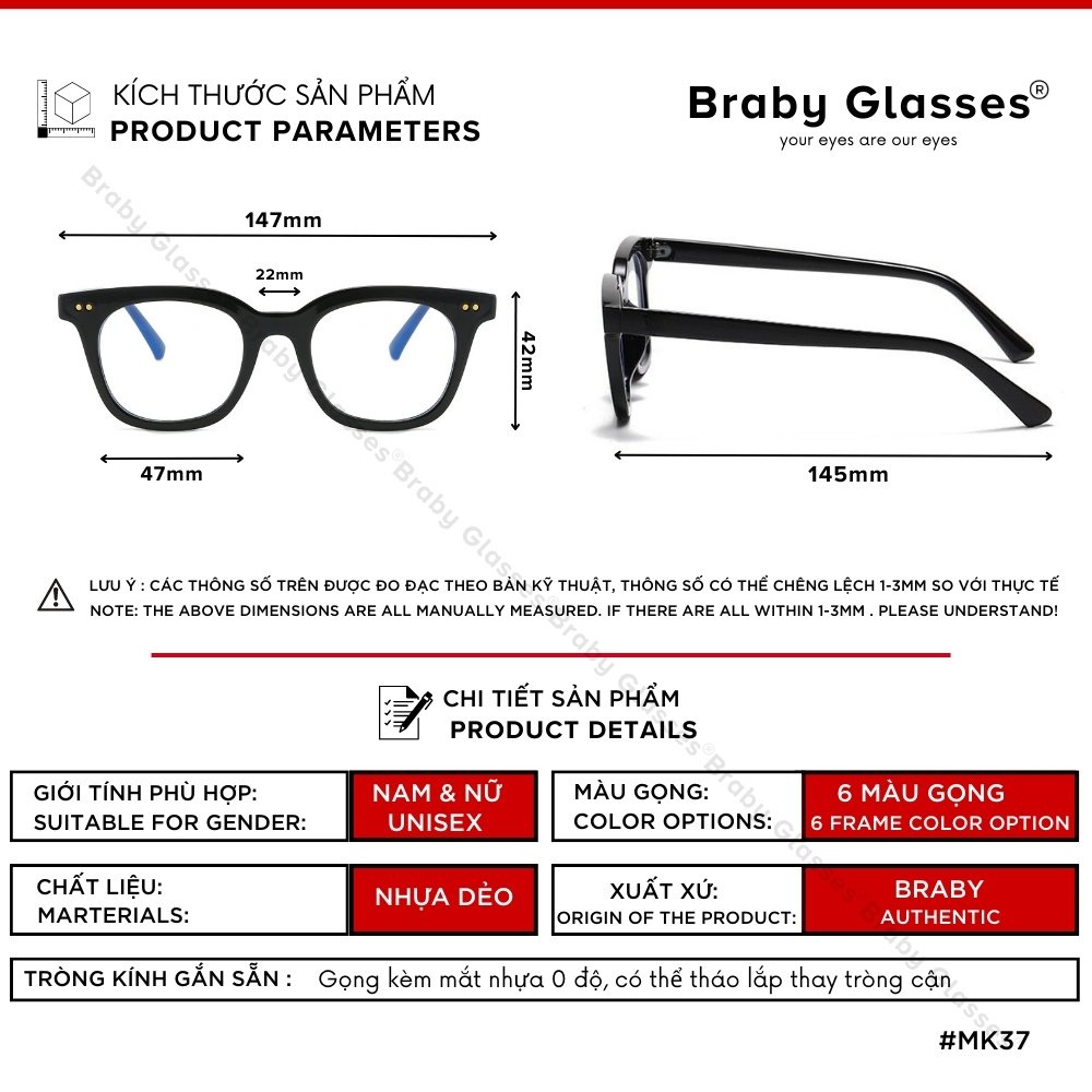 Gọng kính cận mắt vuông nam nữ Braby Glasses chất liệu nhựa dẻo cao cấp phụ kiện thời trang sành điệu MK37 Hộp