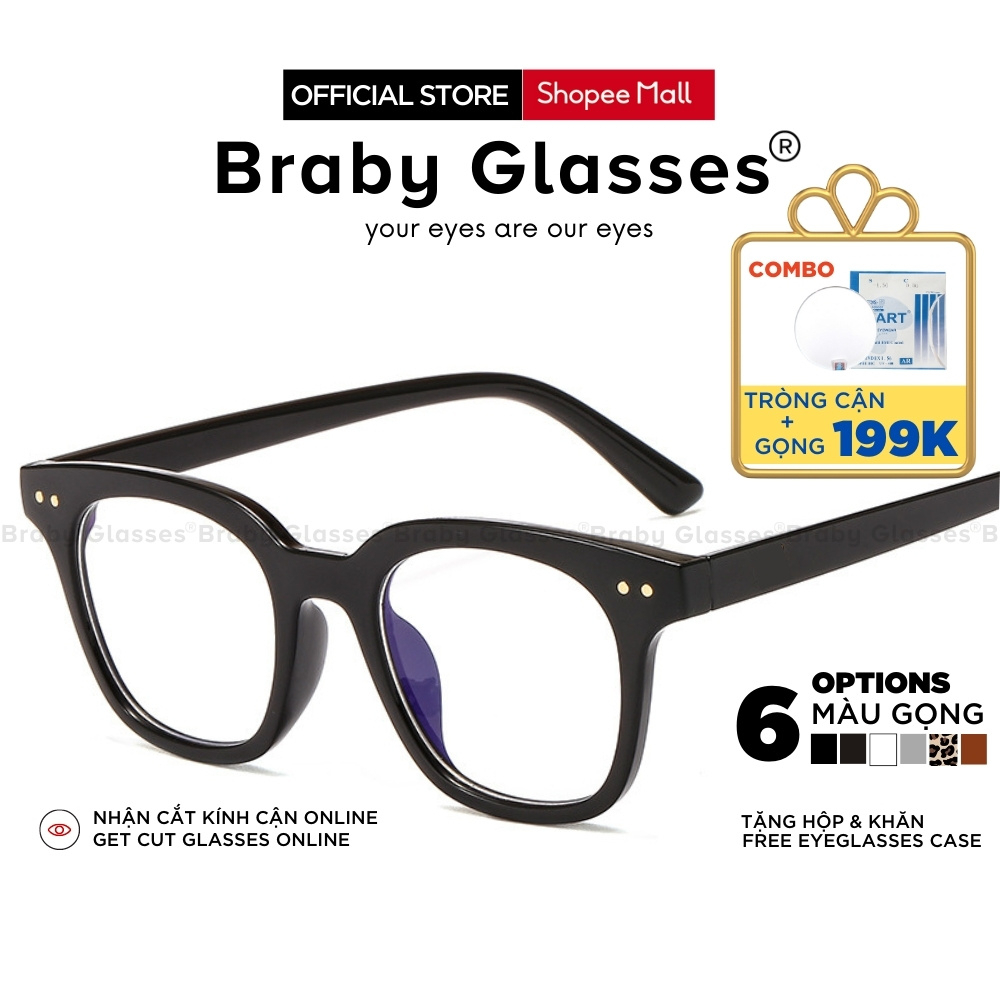 Gọng kính cận mắt vuông nam nữ Braby Glasses chất liệu nhựa dẻo cao cấp phụ kiện thời trang sành điệu MK37 Hộp