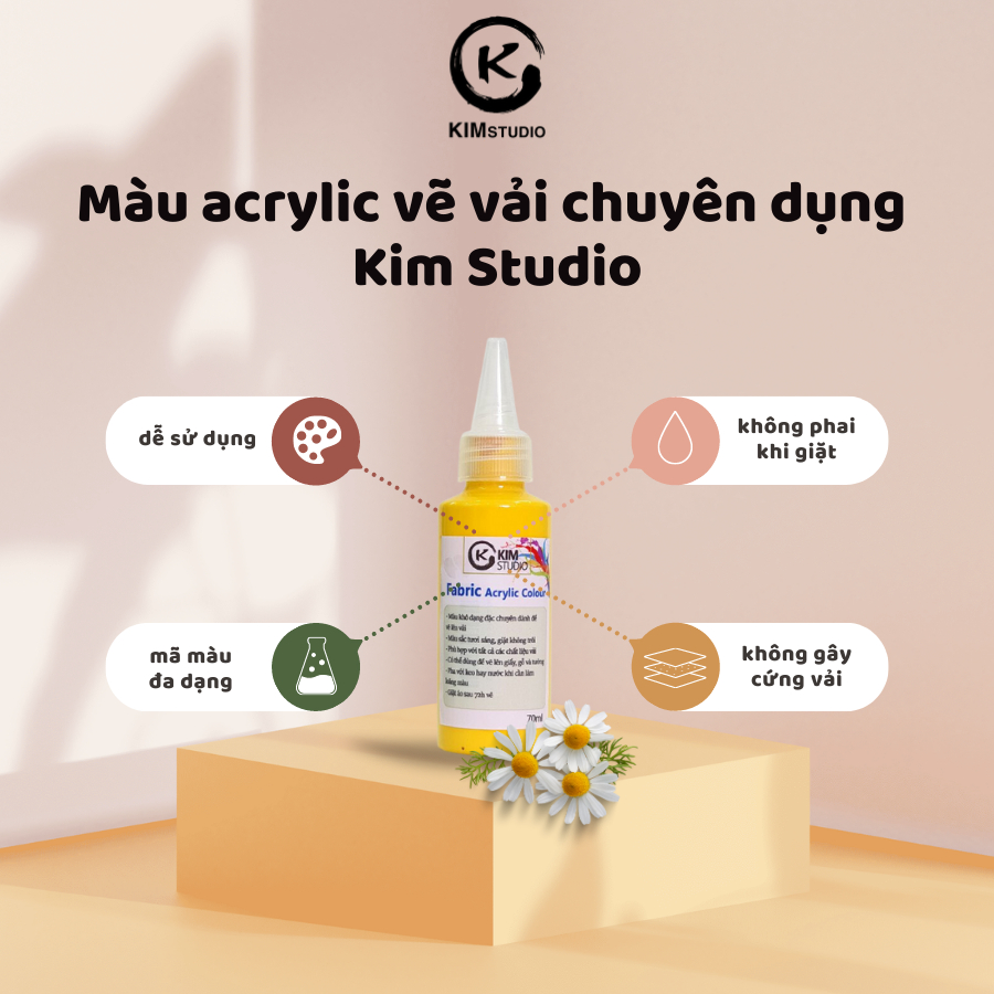 MÀU KHÔ/ MÀU ACRYLIC VẼ VẢI CHUYÊN DỤNG KIM STUDIO DUNG TÍCH 70ML/ MÀU GIẶT KHÔNG PHAI/ CÓ NHŨ PHA SẴN THEO YÊU CẦU