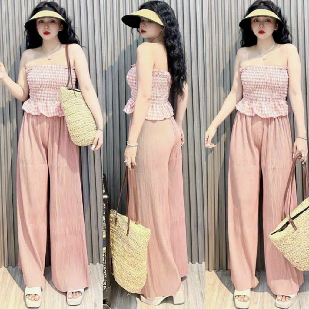 [5.5 Sales Freeship] Set bộ áo ống nhún caro cúp ngực phối quần dài ống suông, set bộ đi biển ,dạo phố xinh xắn TH