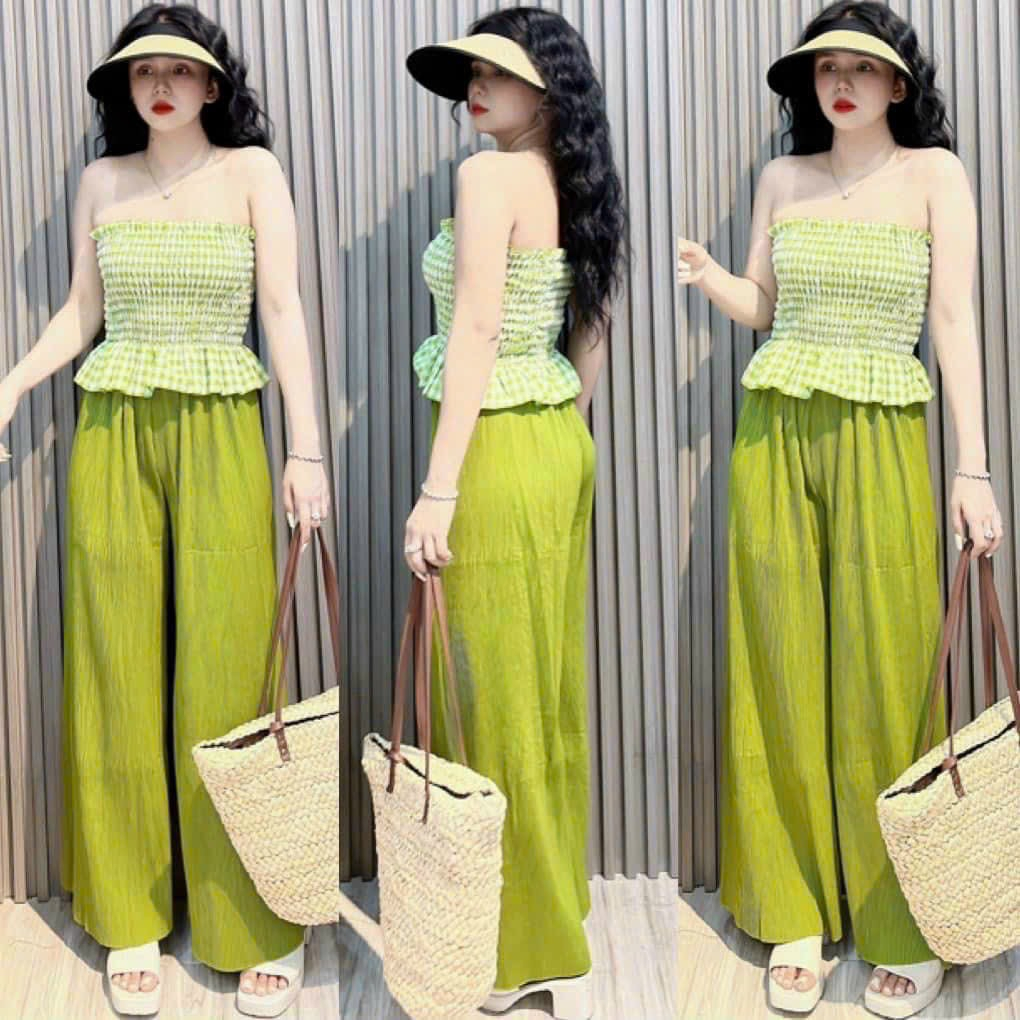 [5.5 Sales Freeship] Set bộ áo ống nhún caro cúp ngực phối quần dài ống suông, set bộ đi biển ,dạo phố xinh xắn TH