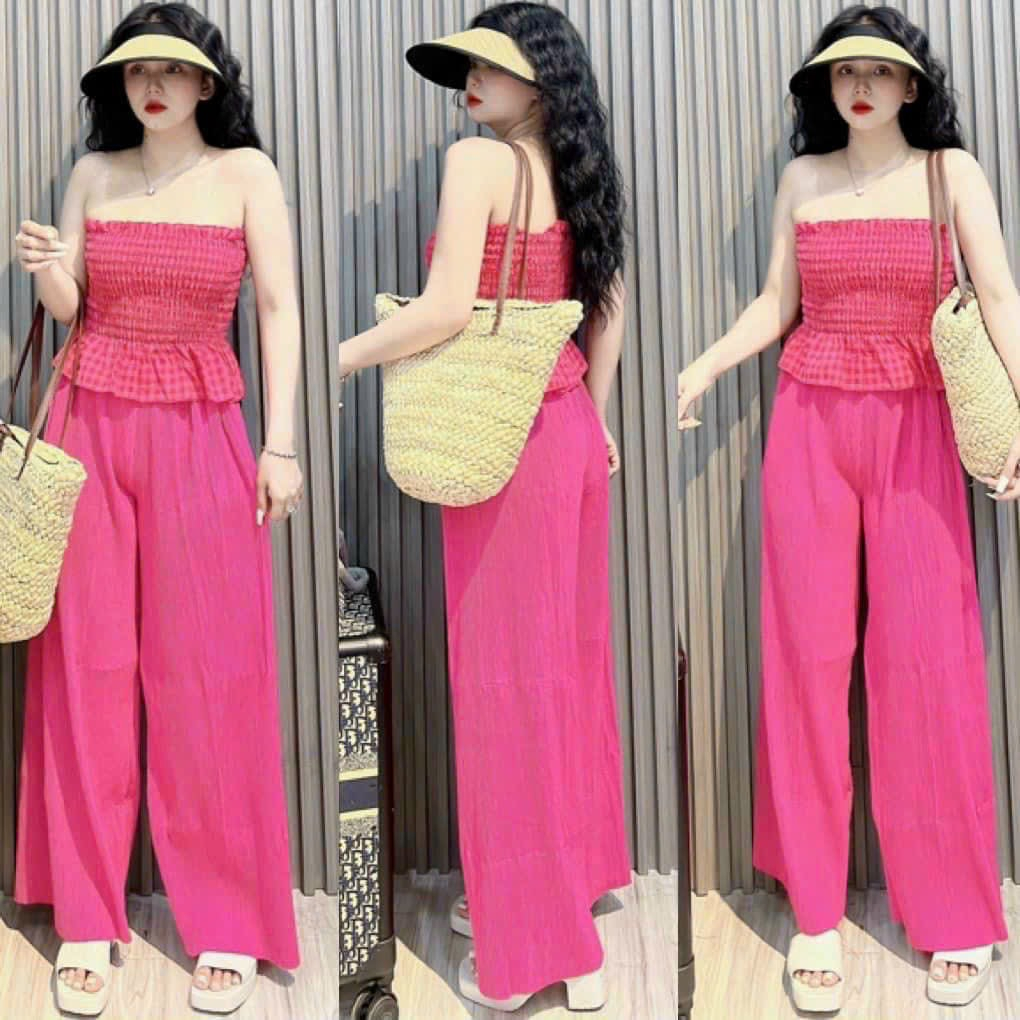 [5.5 Sales Freeship] Set bộ áo ống nhún caro cúp ngực phối quần dài ống suông, set bộ đi biển ,dạo phố xinh xắn TH