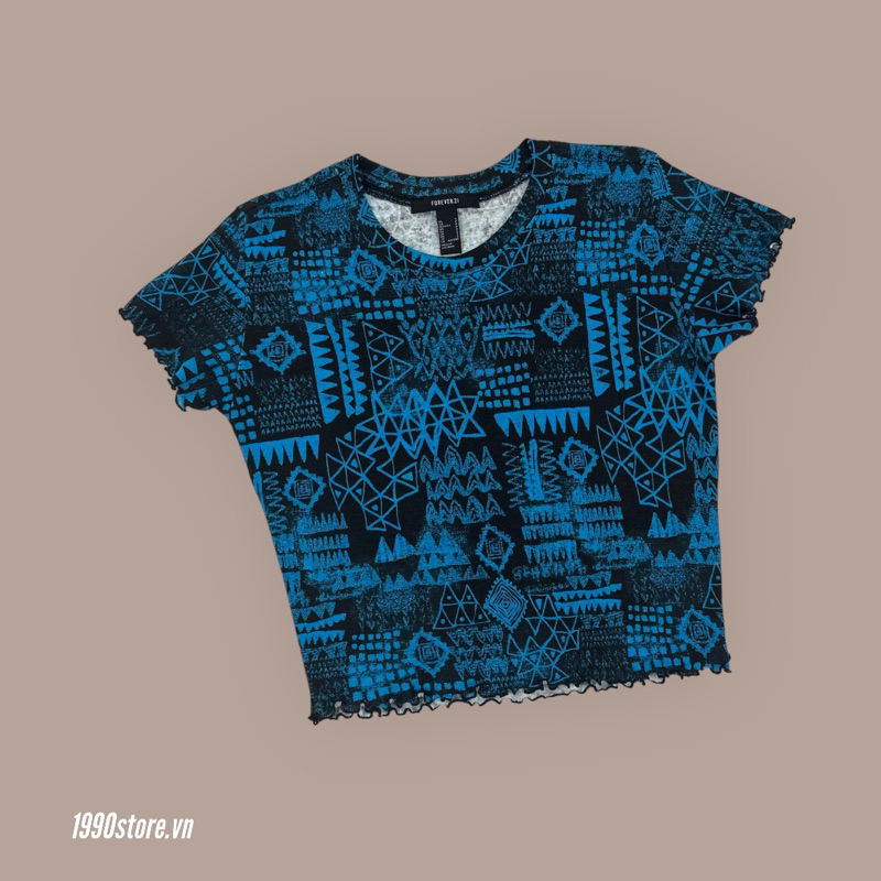 Áo tay ngắn form croptop hoa văn xanh bích vnxk